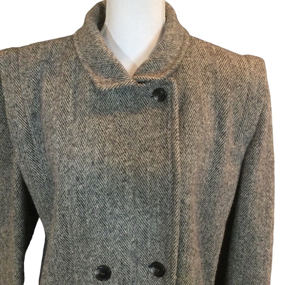 Vintage Black & White Herringbone Double Breasted Wool Overcoat Size 14 - Picture 6 of 16